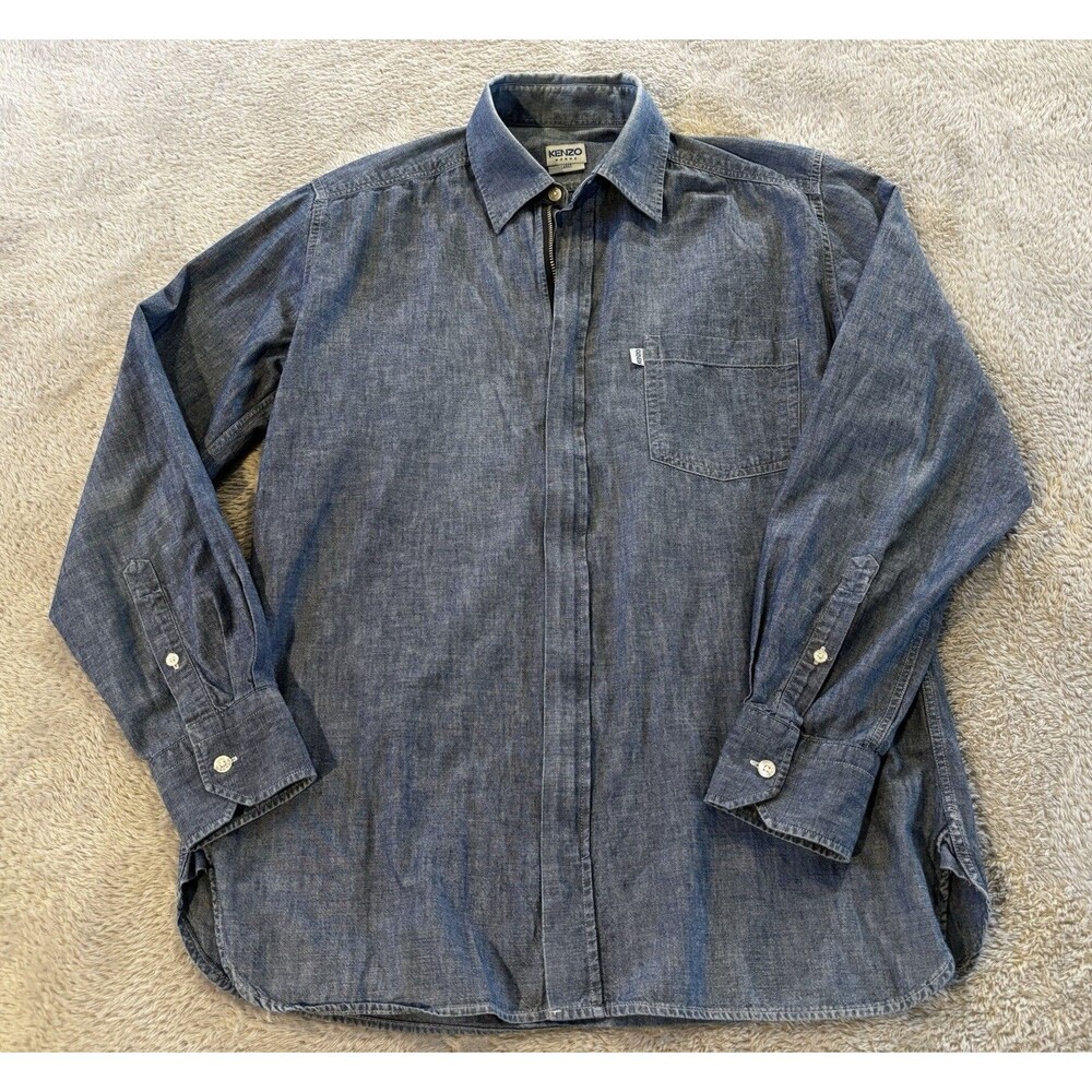 Vintage Kenzo Chambray Zipper Front Cotton Shirt Men's L Blue